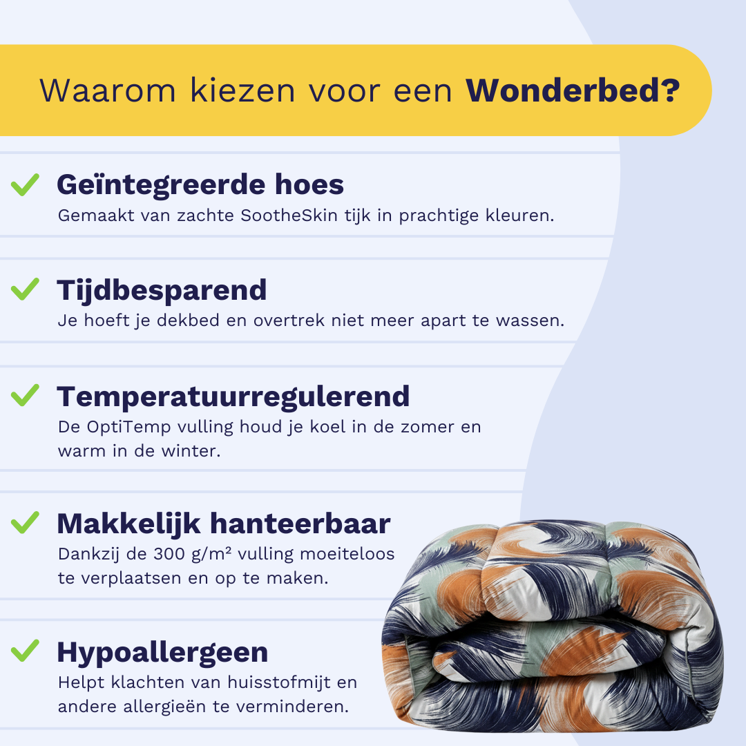 Ontdek vijf voordelen van het Zelesta Wonderbed - Urban Brush in het Nederlands, naast een kleurrijk matras met levendig patroon.