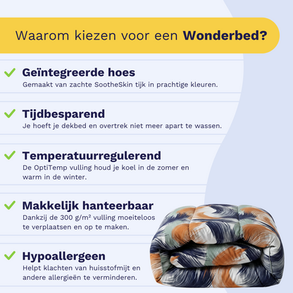 Ontdek vijf voordelen van het Zelesta Wonderbed - Urban Brush in het Nederlands, naast een kleurrijk matras met levendig patroon.
