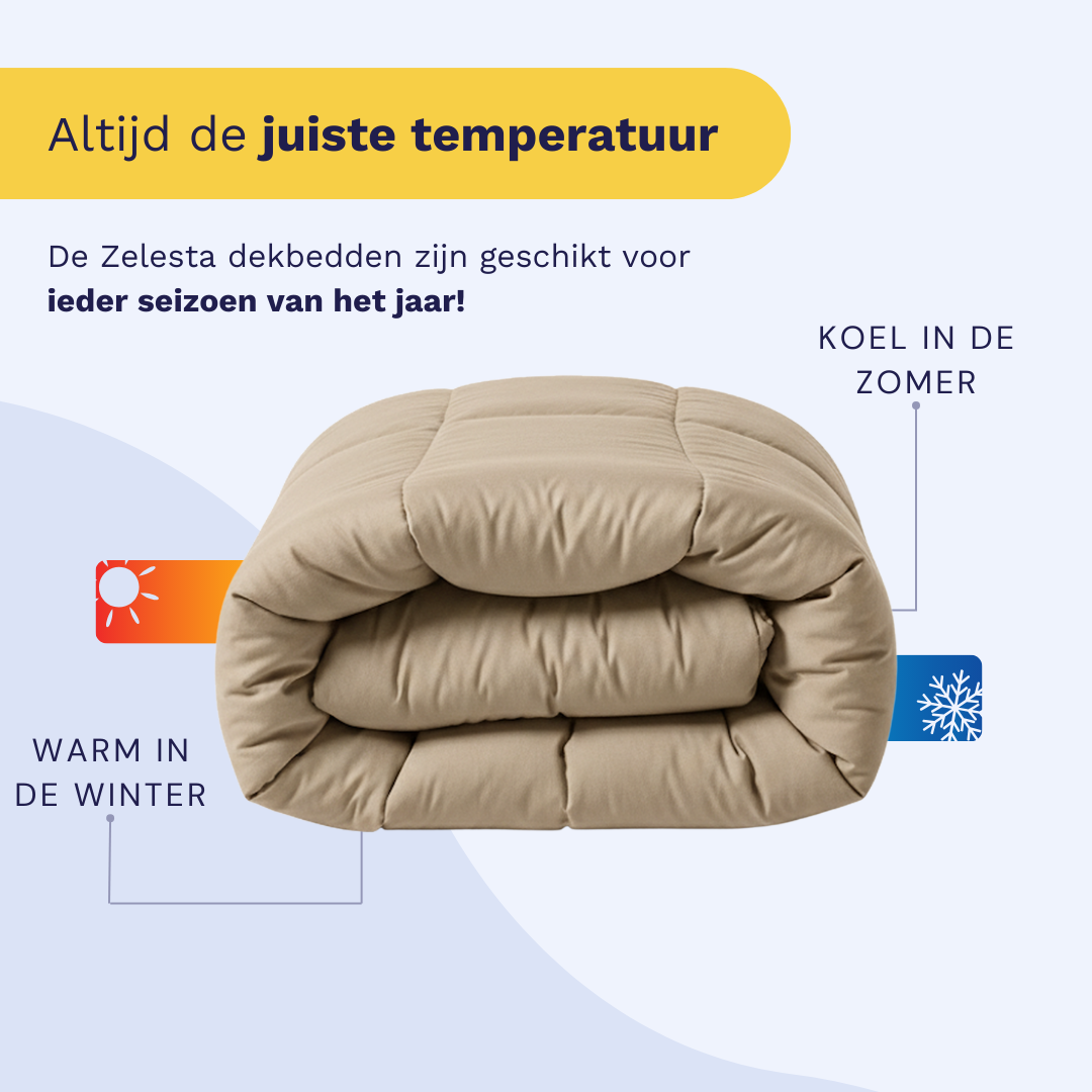 Het Zelesta Wonderbed - Warm Sand dekbed is netjes opgevouwen; in de tekst staat dat dit anti-allergische dekbed je warm houdt in de winter en koel in de zomer, waardoor het ideaal is voor alle seizoenen.