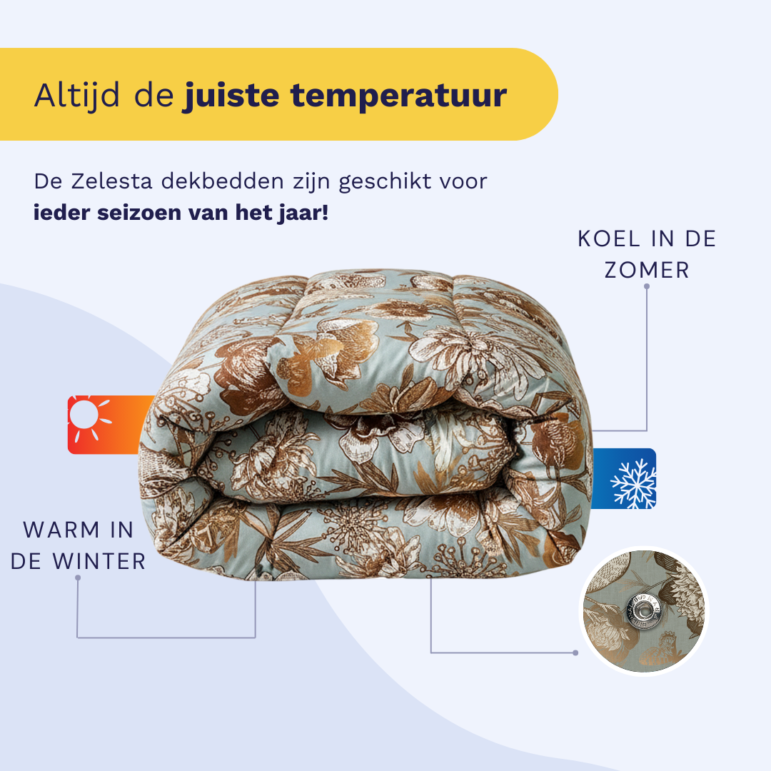 Een gevouwen gebloemd dekbed wordt getoond met tekst die de temperatuurregulerende eigenschappen benadrukt - het Zelesta Wonderbed 4 Seasons Double - Botanic Chique houdt je warm in de winter en koel in de zomer.