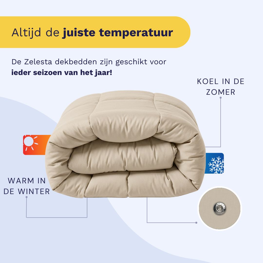 Gevouwen Zelesta Wonderbed 4 Seasons Double Katoen - Desert Sand in perkal katoen, met een close-up van de knoop en het kliksysteem. De Nederlandse tekst benadrukt het comfort het hele jaar door: warm in de winter, koel in de zomer, voor de perfecte temperatuur.