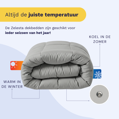 Het Zelesta Wonderbed 4 Seasons Double Katoen - Morning Grey is netjes gevouwen, met pictogrammen die warmte in de winter en koelte in de zomer aangeven. Nederlandse tekst benadrukt de temperatuurregeling en een uniek kliksysteem voor comfort het hele jaar door.