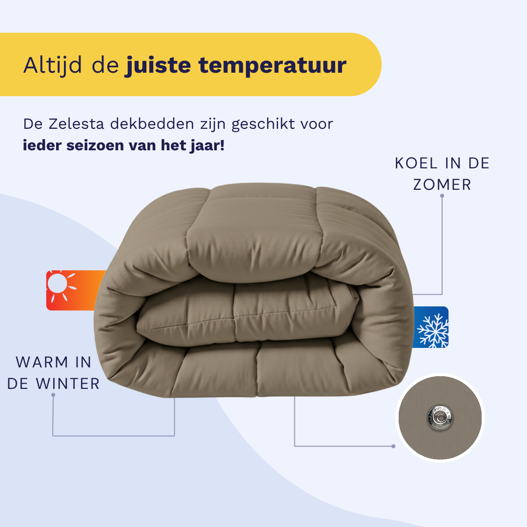Het Zelesta Wonderbed 4 Seizoenen Double in Natural Taupe heeft perkal katoen, een uniek kliksysteem en is ontworpen voor comfort. Het houdt je warm in de winter en koel in de zomer. De Nederlandse tekst vermeldt de 4-seizoenen dekbed functionaliteit.