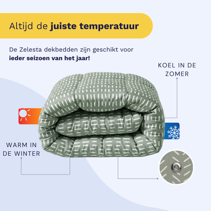 Opgevouwen dekbed met patroon en tekst/iconen die tonen dat het Zelesta Wonderbed 4 Seasons Double - Olive Stitches temperatuurregulerend is en geschikt voor warme zomers én koude winters.