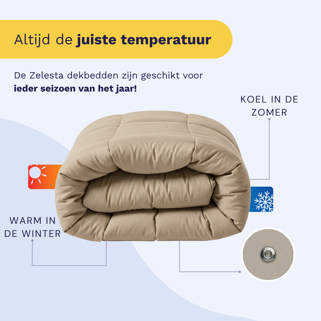 Het Zelesta Wonderbed 4 Seizoenen Double Katoen - Taupe Blush dekbed is netjes opgevouwen en toont de knoopsluiting; de tekst benadrukt het comfort het hele jaar door - warm in de winter, koel in de zomer - waardoor het een perfect 4-seizoenen dekbed is.