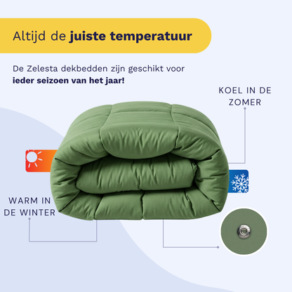 Het Zelesta Wonderbed 4 Seasons Double - Timeless Green, gemaakt van perkal katoen, is opgevouwen met labels voor comfort het hele jaar door. Het unieke kliksysteem en de metalen drukknoop houden het warm in de winter en koel in de zomer.