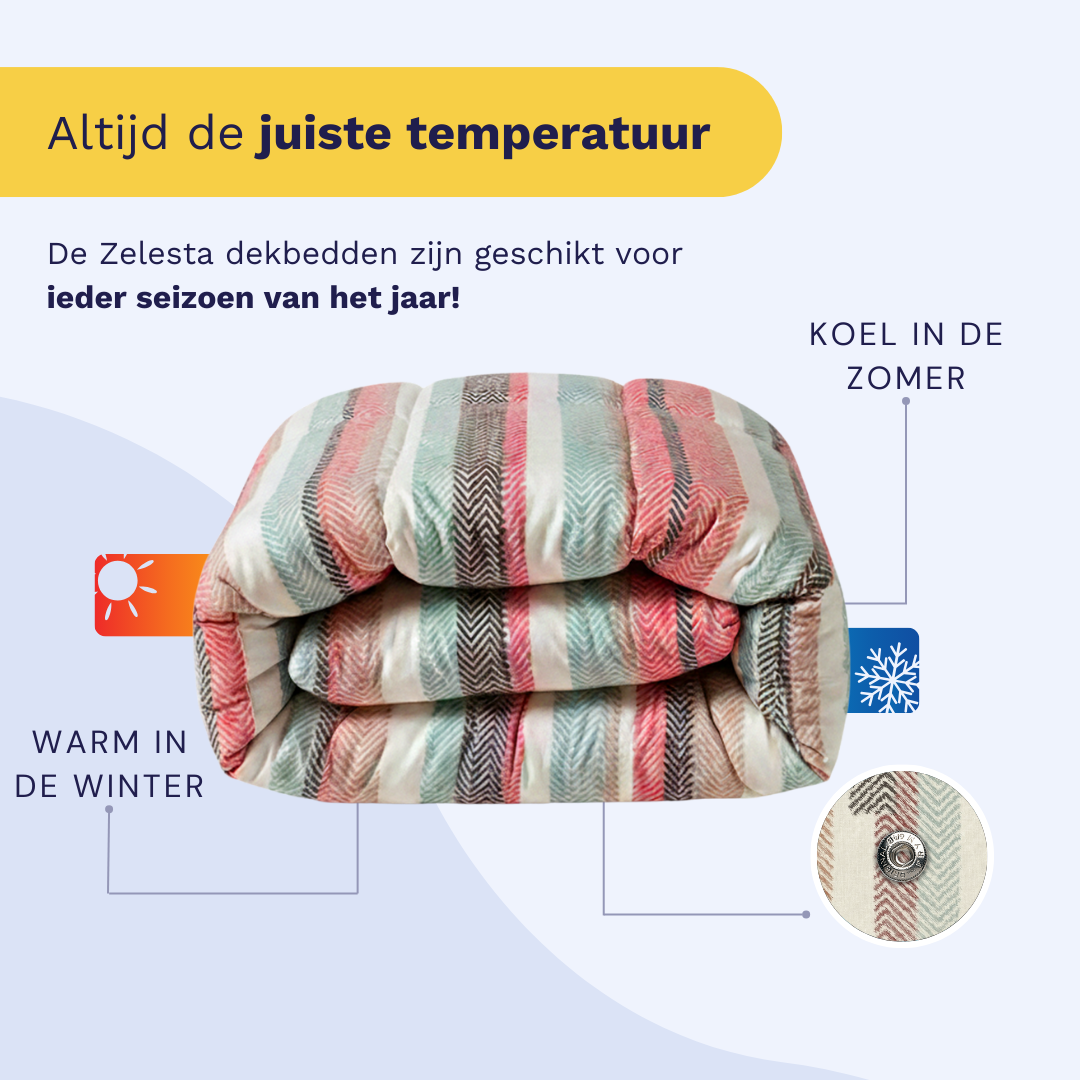 Het Zelesta Wonderbed 4 Seasons Double - Vintage Vibe heeft een temperatuurregulerend ontwerp, waardoor het perfect is als 4 seizoenen dekbed - waardoor je het warm hebt in de winter en koel in de zomer.