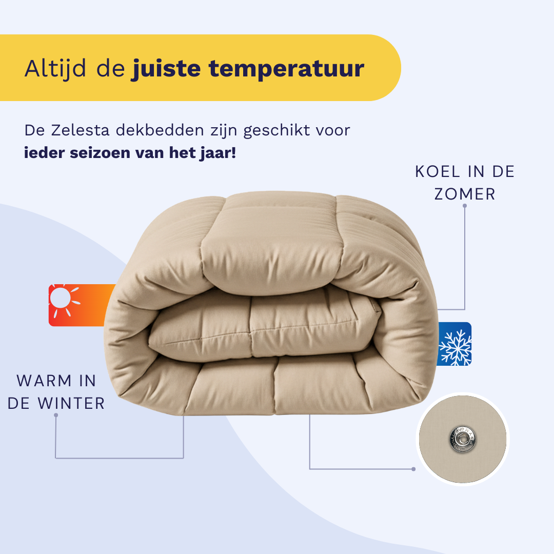 Het Zelesta Wonderbed 4 Seasons Double in Warm Sand is gevouwen op een licht oppervlak, waardoor de temperatuurregulerende eigenschappen worden benadrukt - zodat je het warm hebt in de winter en koel in de zomer.