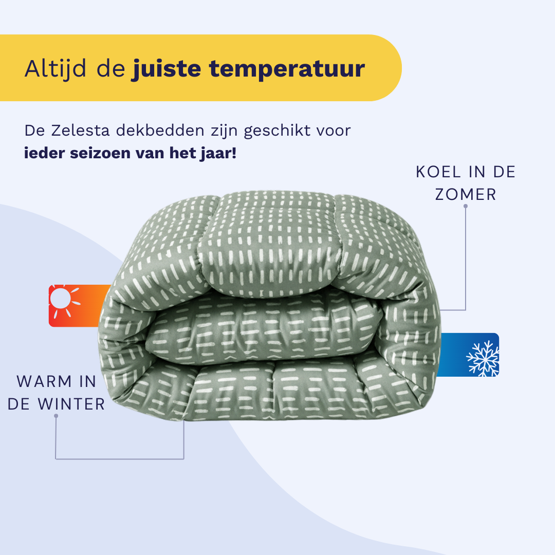 Opgevouwen Zelesta Wonderbed - Olive Stitches dekbed met Nederlandse promo tekst. Voorzien van wasbaar dekbed en anti-allergische eigenschappen. Houdt je warm in de winter, koel in de zomer - ideaal comfort het hele jaar door.