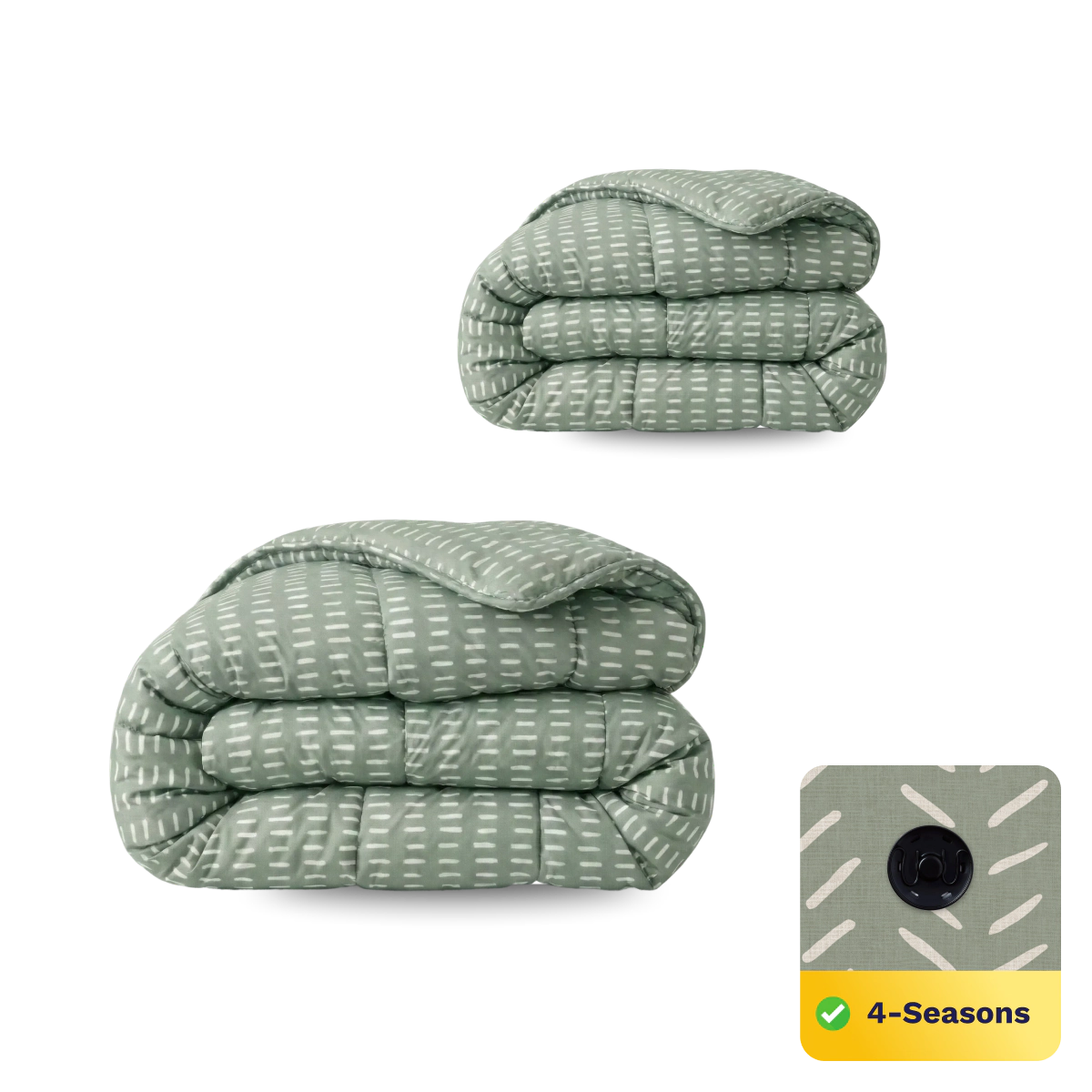 Twee gevouwen Zelesta Wonderbed 4 Seasons Double dekbedden in Olive Stitches, afgebeeld in verschillende maten. Inzet benadrukt stofdetail, knoop en label met temperatuurregulerend comfort.
