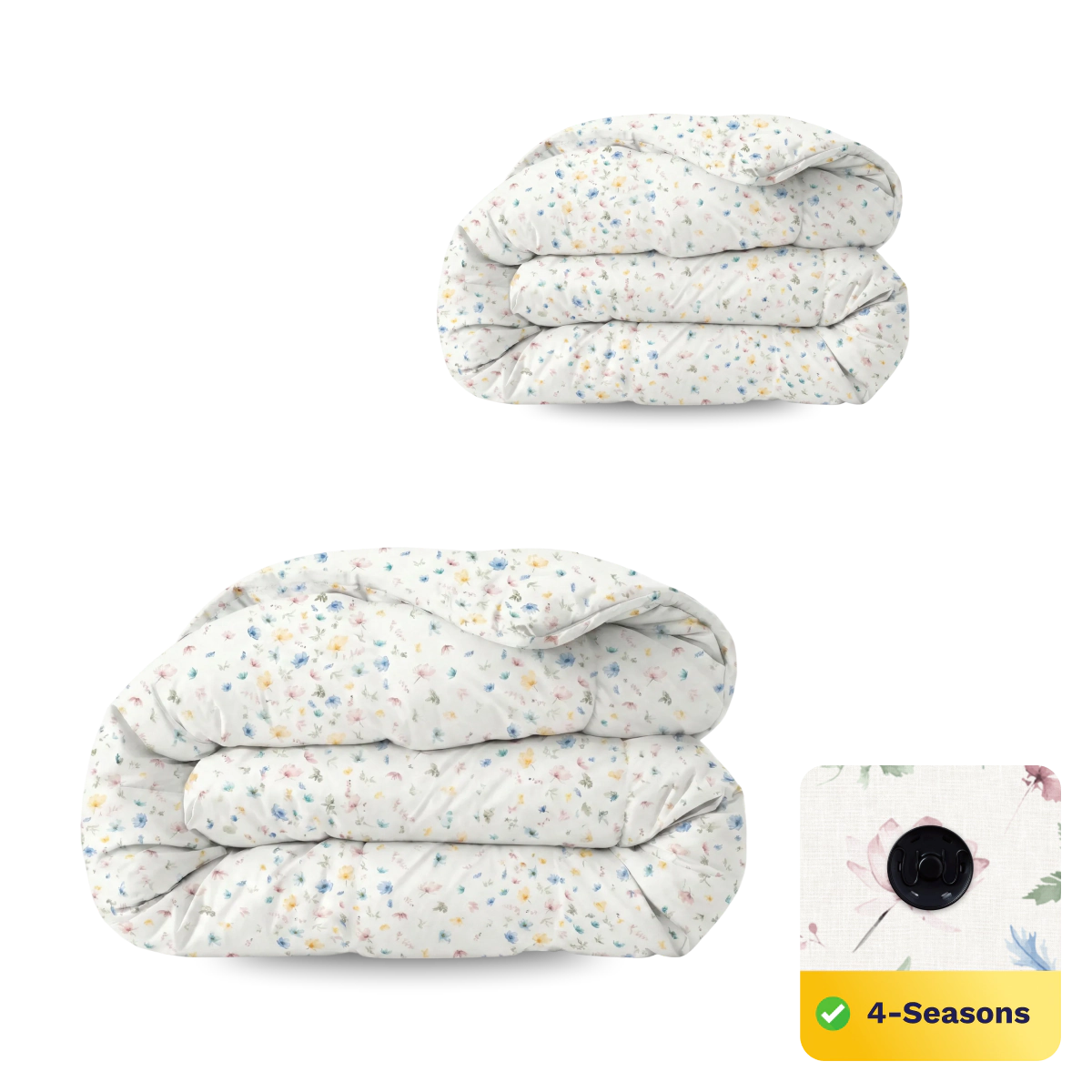 Twee gevouwen witte dekbedden met pastelkleurige bloemenprint. Inzet benadrukt de temperatuurregulerende stof en een "4-Seizoenen" label. Ervaar perfect comfort met de Zelesta Wonderbed 4 Seasons Double - Spring Bloom collectie.