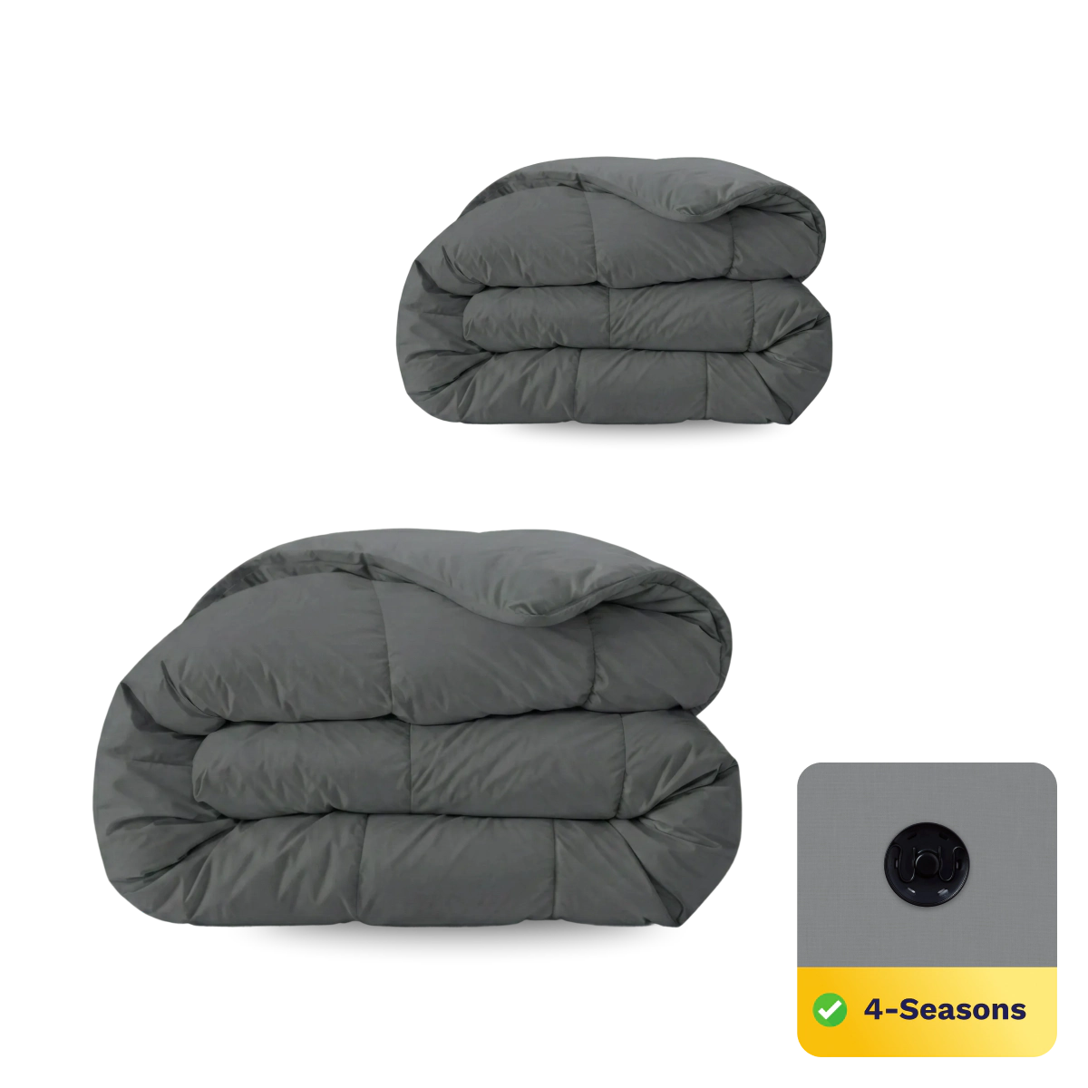 Twee gevouwen Zelesta Wonderbed 4 Seasons Double dekbedden in steengrijs worden getoond, met een inzet die de 4-seizoenen dekbed functie benadrukt en een close-up van een eenvoudig te gebruiken knop voor temperatuurregulerend comfort.