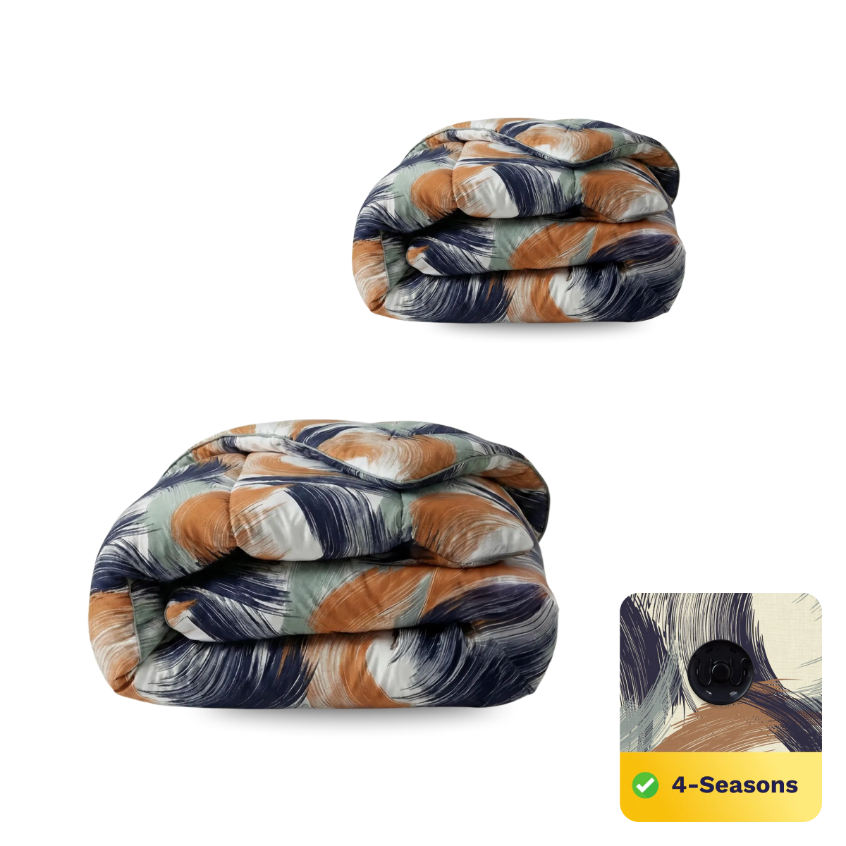 Twee gevouwen dekbedden met een abstract penseelstreekpatroon in blauw, oranje en beige. Het Zelesta Wonderbed 4 Seasons Double - Urban Brush is temperatuurregulerend en ontworpen voor comfort het hele jaar door.