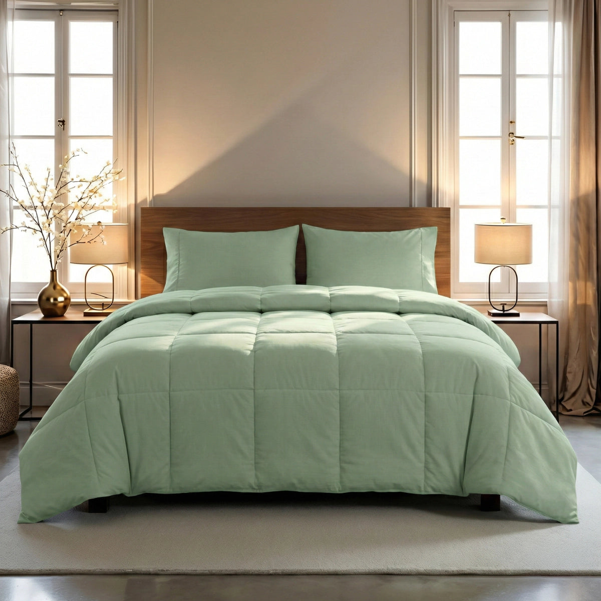 Een keurig opgemaakt bed met de Zelesta Wonderbed 4 Seasons Double Katoen in Natural Green, met twee bijpassende kussens, gecentreerd tussen ramen met beige gordijnen en geflankeerd door nachtkastjes met daarop elk een lamp.
