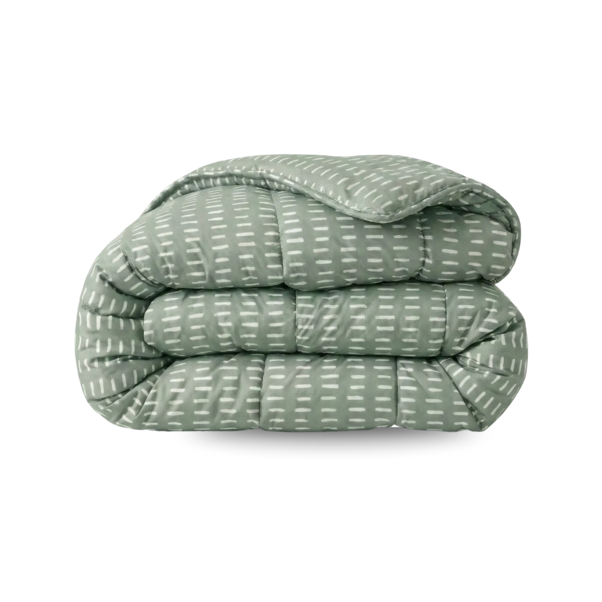 Een opgevouwen Zelesta Wonderbed - Olive Stitches dekbed, groen met witte stippellijnen, anti-allergisch en wasbaar, op een effen witte achtergrond.