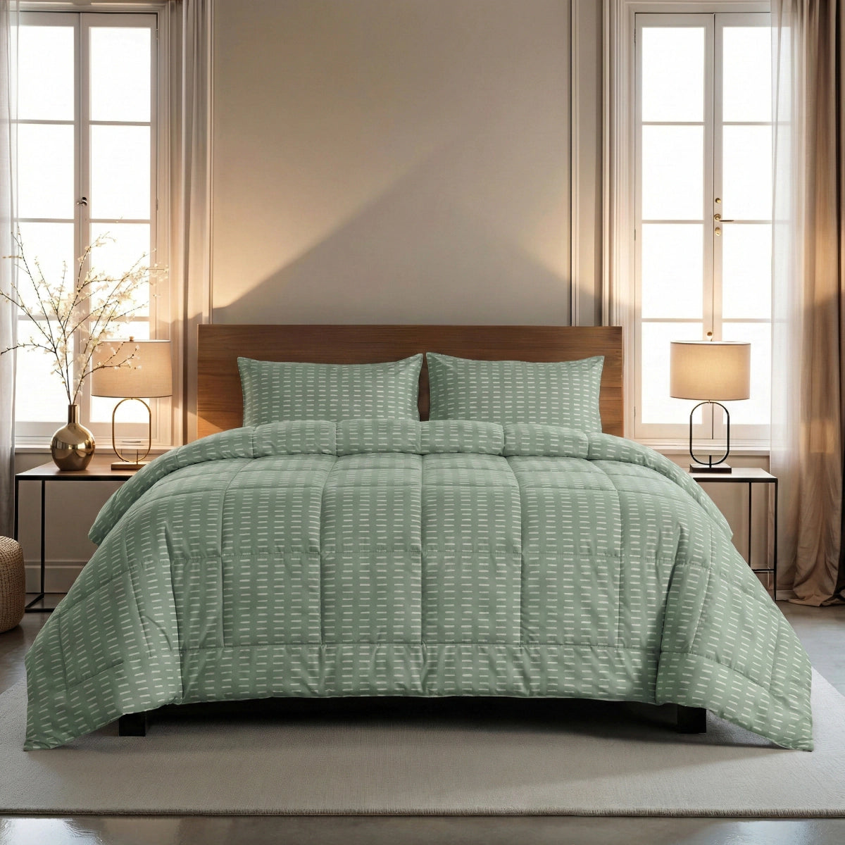 Een netjes opgemaakt bed met het Zelesta Wonderbed 4 Seasons Double - Olive Stitches en kussens, geflankeerd door twee ramen en nachtkastjes met lampen, in een zacht verlichte slaapkamer.