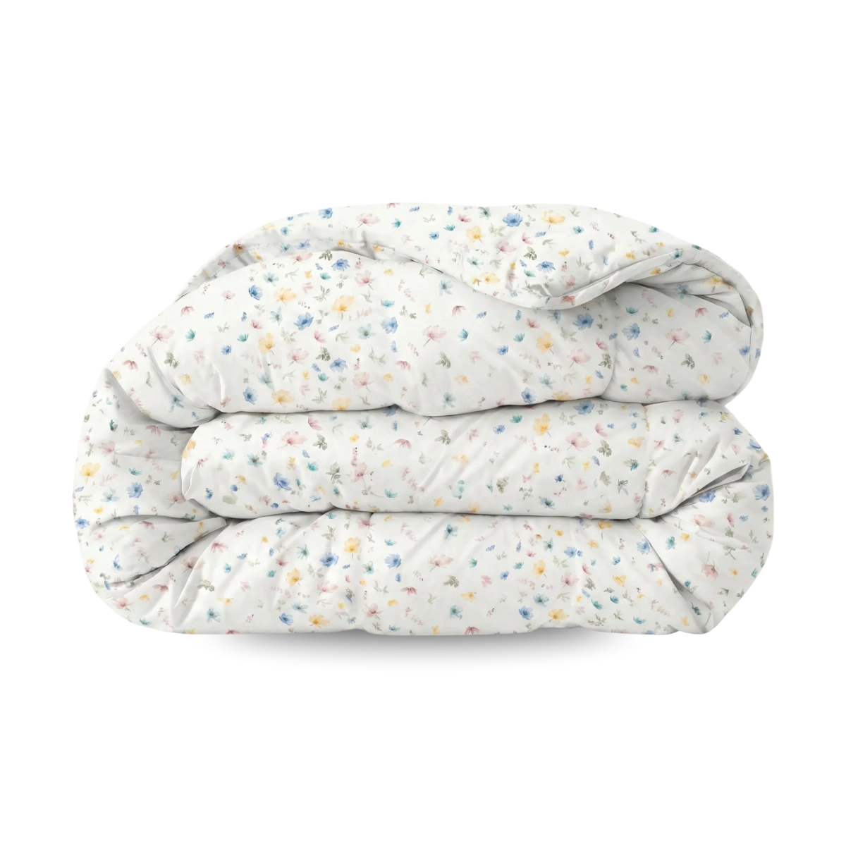 Het Zelesta Wonderbed - Spring Bloom is een gevouwen wit dekbed met een kleine, veelkleurige bloemenprint op een effen achtergrond, die anti-allergie comfort combineert met stijlvol design.