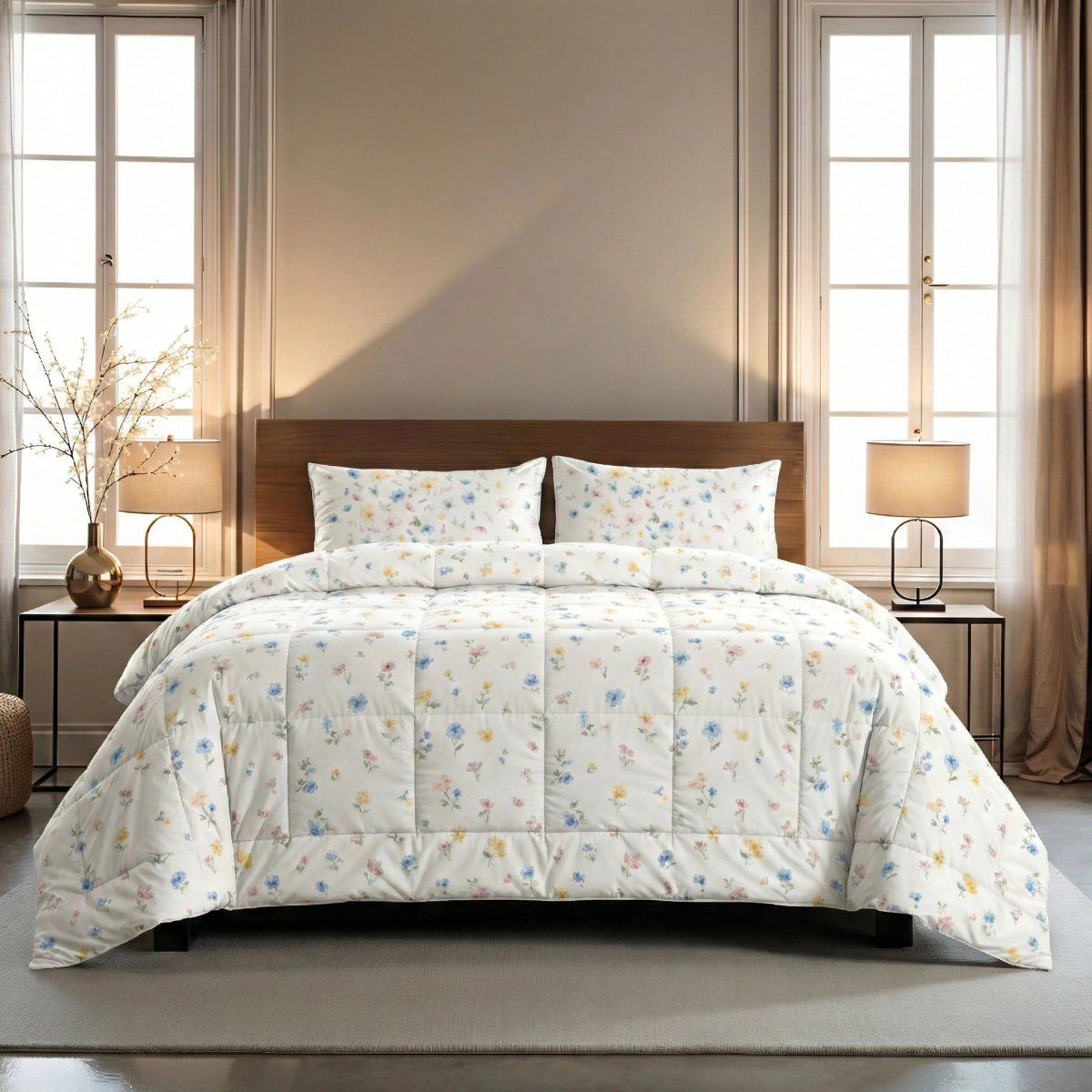 Een netjes opgemaakt bed met het Zelesta Wonderbed - Spring Bloom, met een wit dekbed en kussenslopen versierd met kleine, kleurrijke bloemmotieven, tussen twee ramen met beige gordijnen plus bijpassende nachtkastjes en lampen.