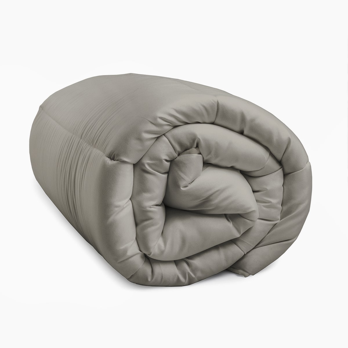 Een opgerold Zelesta Royalbed - Tender Grey all-season dekbed en overtrek in één wordt getoond op een witte achtergrond.