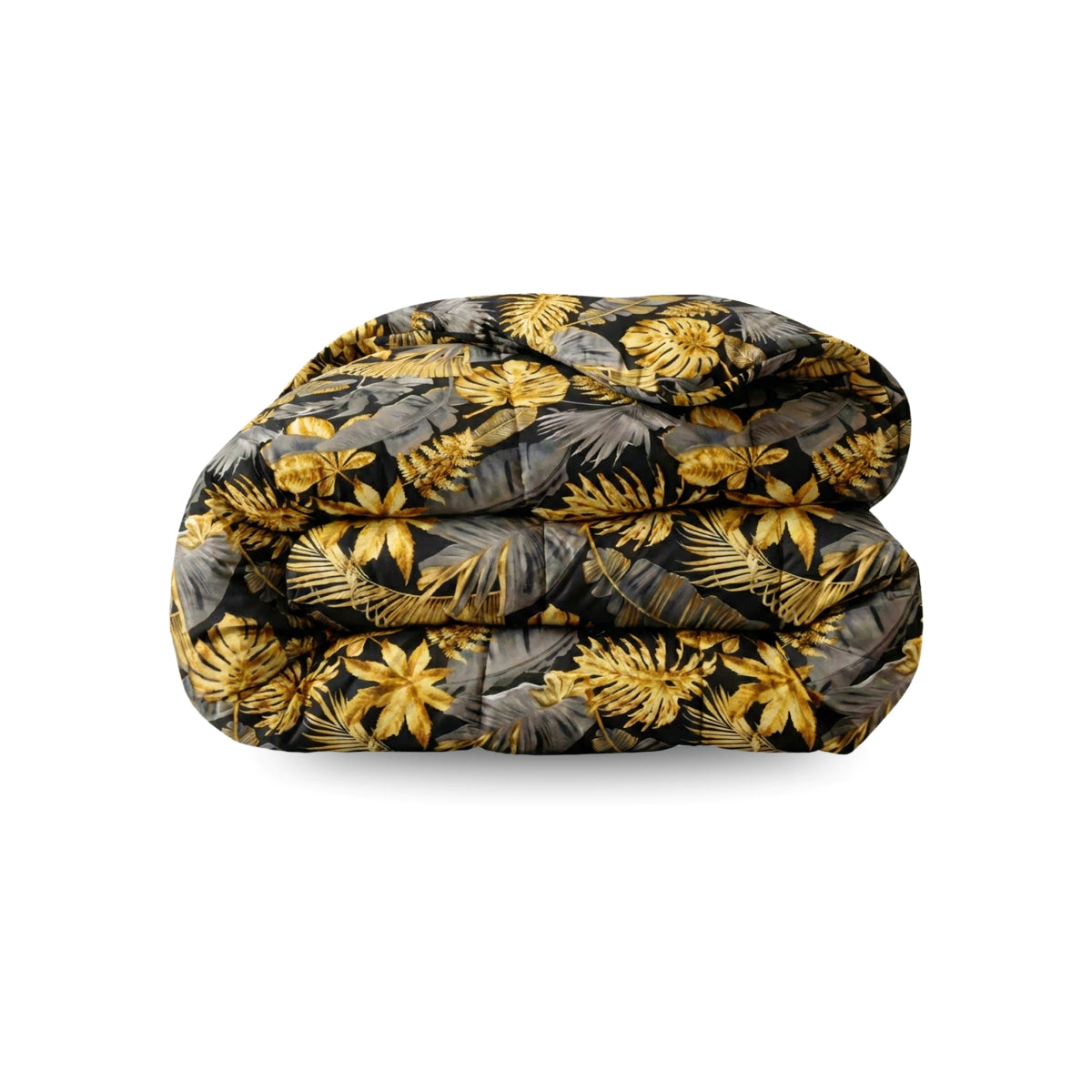 Het Zelesta Wonderbed - Golden Leaves dekbed heeft een zwarte achtergrond met gele tropische bladeren en bloemen, geplaatst op een wit oppervlak - een anti-allergeen dekbed voor een echte hotelervaring slaapkamer.