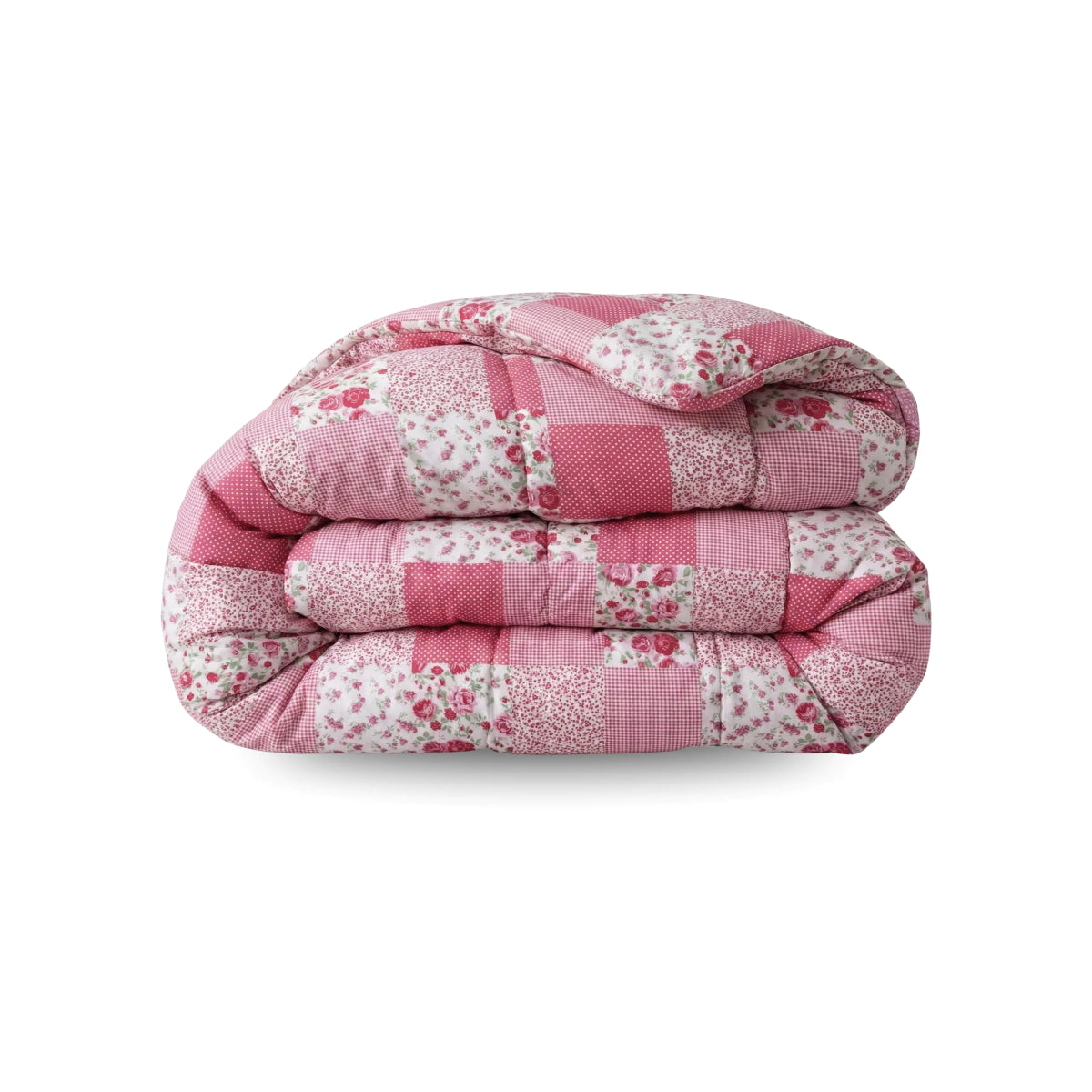 Het Zelesta Wonderbed - Patchwork Pink is een stijlvolle gevouwen quilt met roze en witte bloemen- en ruitmotieven op een effen witte achtergrond - perfect voor dagelijks comfort en functionaliteit.