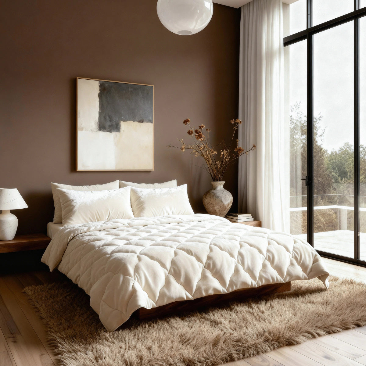 Een moderne slaapkamer heeft een groot bed met het Zelesta Flanel Uni - Beige dekbed, beige kussens en een donzig vloerkleed. Bruine muren, minimale decoratie, droogbloemen in een vaas en transparante gordijnen van vloer tot plafond creëren een temperatuurregulerende sfeer.