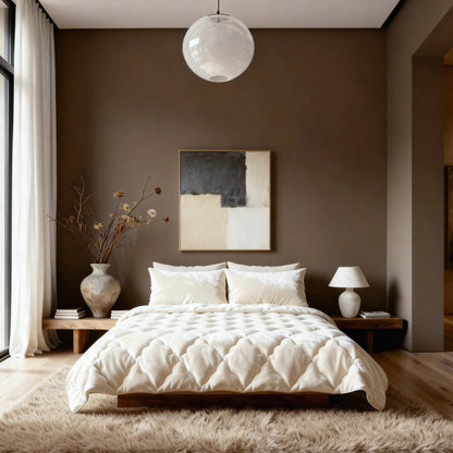 Een moderne slaapkamer met een beige gewatteerd bed met het Zelesta Flanel Uni - Beige temperatuurregulerende 2-in-1 dekbed, neutrale muren, abstracte kunst erboven, een grote keramische vaas met gedroogde takken, een tafellamp en zacht natuurlijk licht door witte gordijnen.