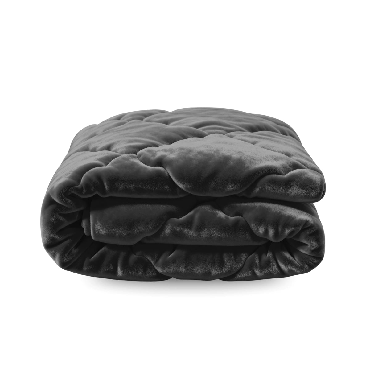 Het Zelesta Flanel Uni - Zwart dekbed, met pluche donkergrijs fluweel, is netjes gevouwen tegen een witte achtergrond en biedt een zachte en luxe touch.