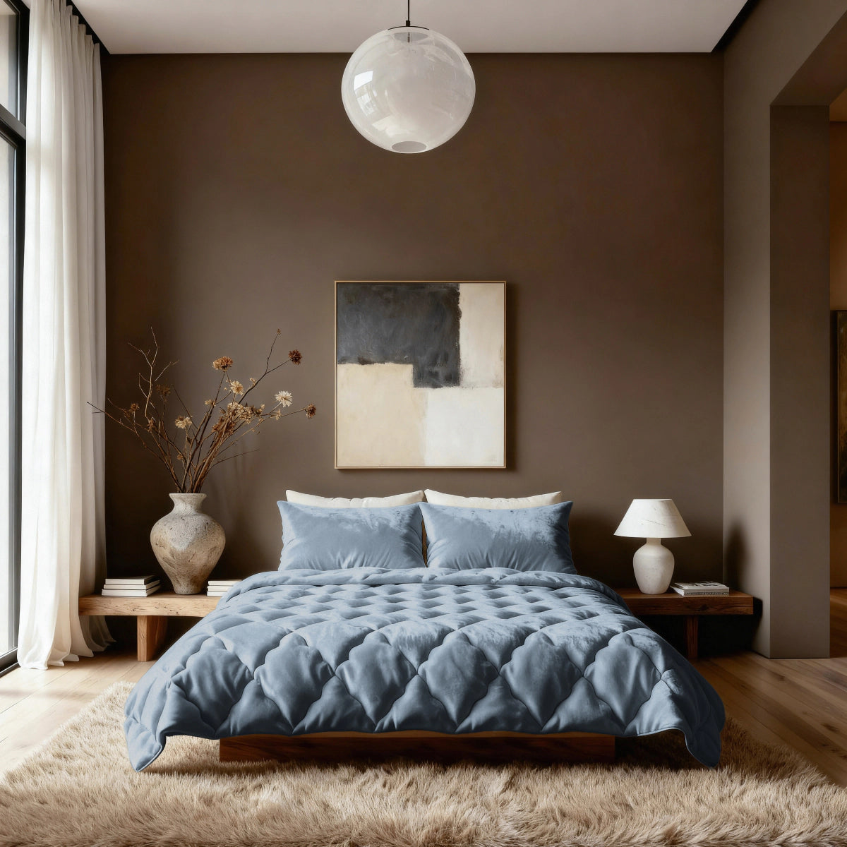 Een moderne slaapkamer met een groot bed met het Zelesta Flanel Uni - Blue Mirage dekbed, een bruine accentmuur, neutrale kunstwerken, houten nachtkastjes met vazen en lamp, een vloerkleed met structuur op een houten vloer en een ronde plafondlamp.