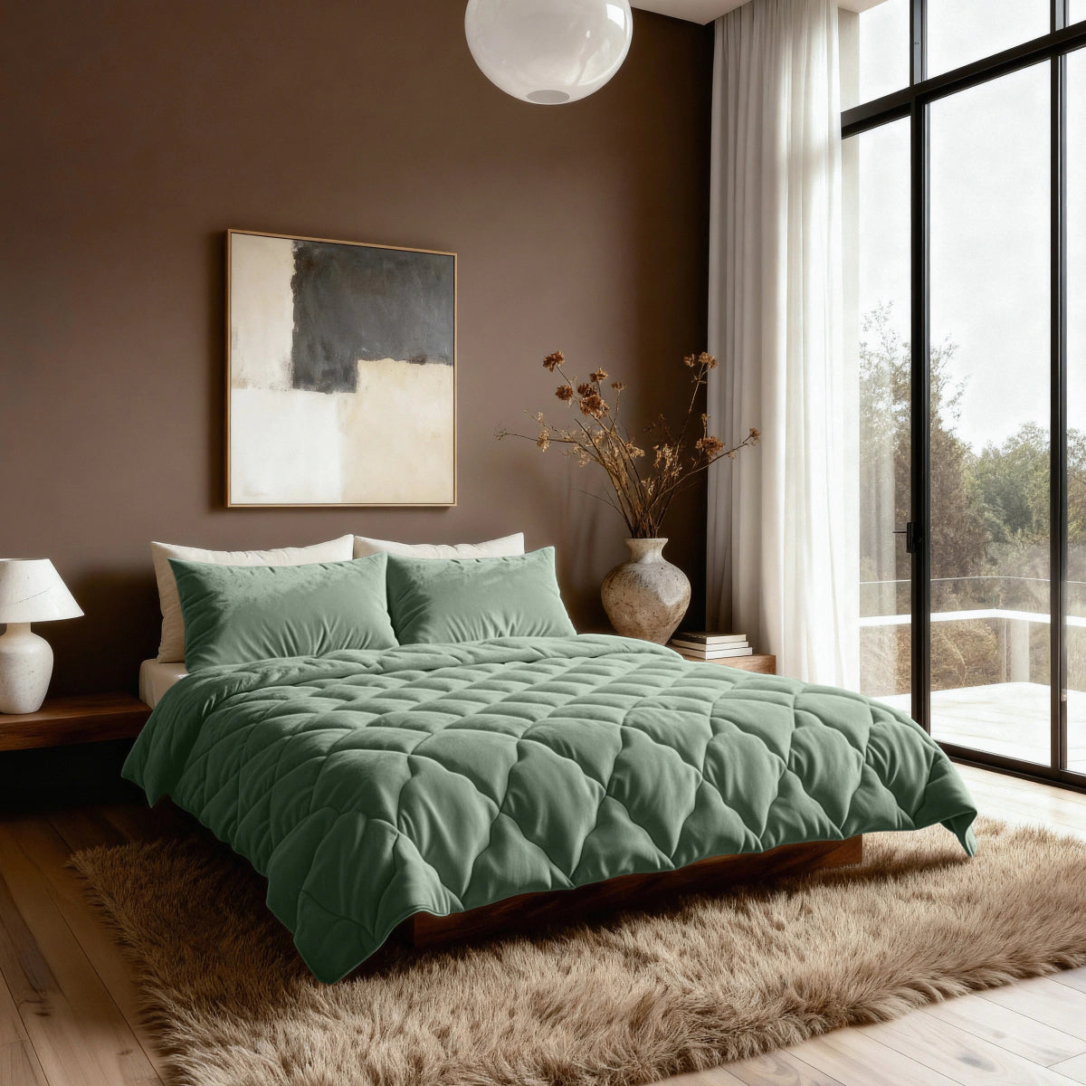 Een moderne slaapkamer met bruine muren, groot raam, een bed met het Zelesta Flanel Uni - Groen dekbed, twee kussens, nachtkastje met lamp, kunstwerk boven het bed, droogbloemen in een vaas en een ruig beige vloerkleed.