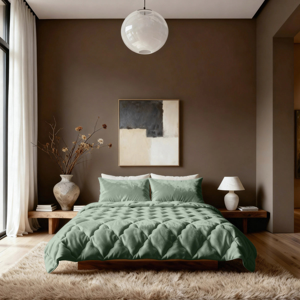 Een moderne slaapkamer met het Zelesta Flanel Uni - Groen dekbed op een laag houten bed, grote abstracte kunst boven het hoofdeinde, neutrale bruine muren, een ruig beige vloerkleed en minimalistische decoratie zoals een vaas met gedroogde takken en een tafellamp.