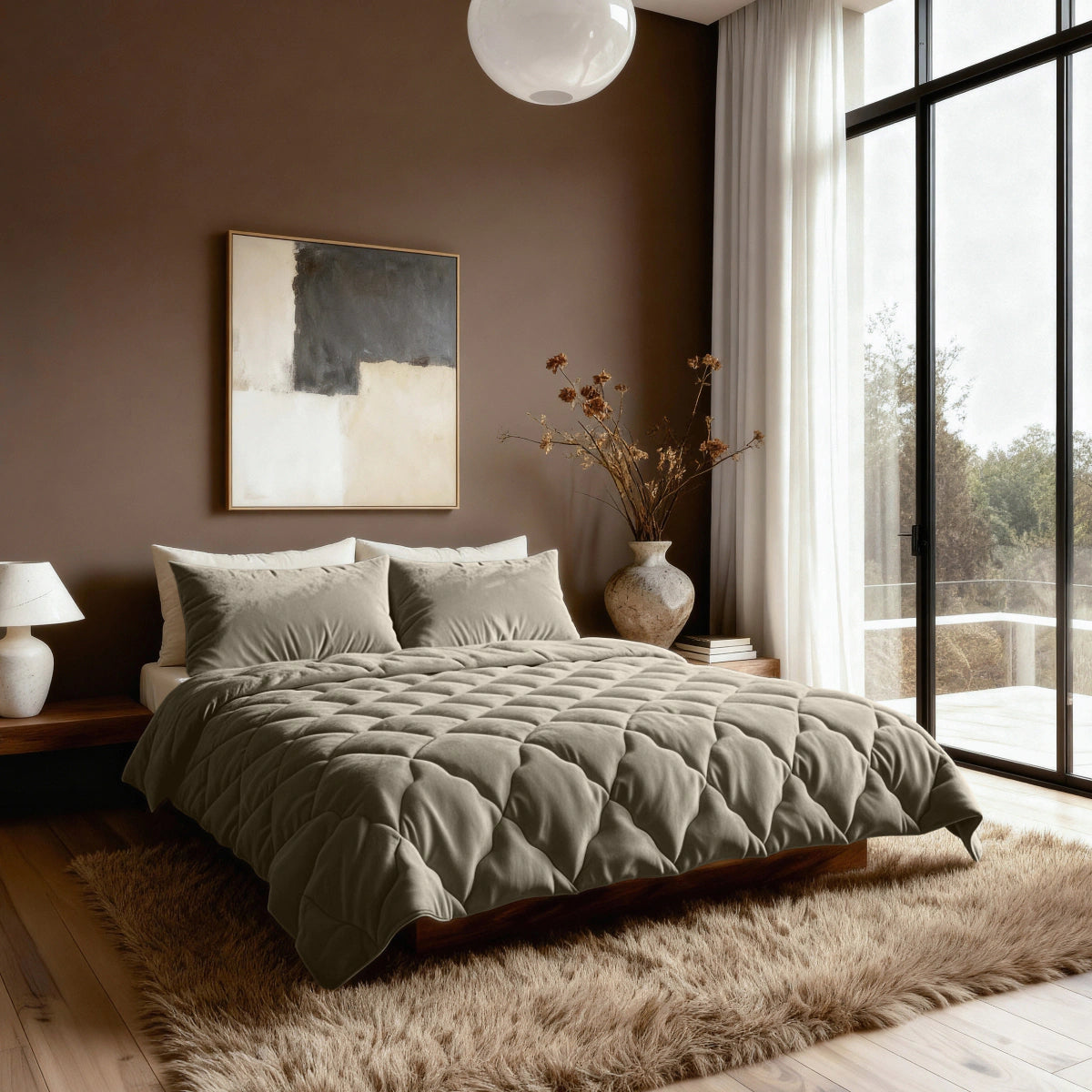 Een moderne slaapkamer met een groot bed in Zelesta Flanel Uni - Taupe beddengoed, neutrale kussens en een ruig beige vloerkleed. Bruine muren, abstracte kunst, een vaas met gedroogde takken en ramen van vloer tot plafond met transparante gordijnen maken de look compleet.