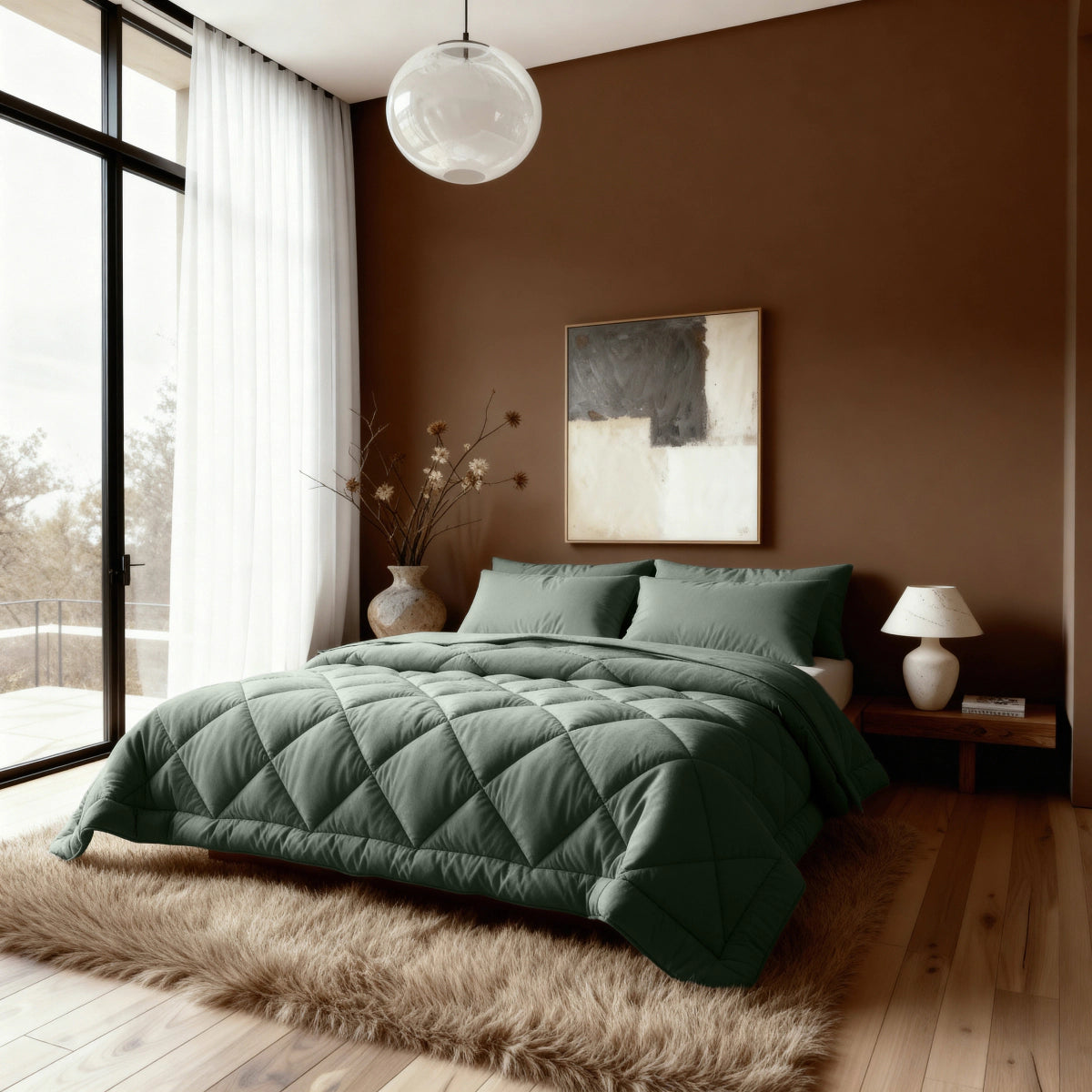 Een moderne slaapkamer met een groen Zelesta Comfort Uni diamond Dekbed, houten vloeren, een ruig beige vloerkleed, bruine muren, een groot raam en abstracte kunst boven het bed.