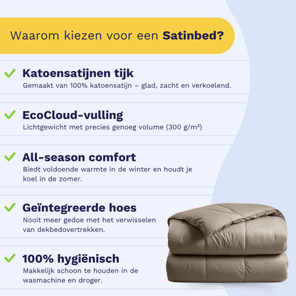 Infographic over de Zelesta Satinbed Katoen - Mooi Bruin: luxe katoen satijn, EcoCloud vulling, all-season comfort, geïntegreerde tijk, gemakkelijke hygiëne. Opgevouwen dekbed rechts afgebeeld.