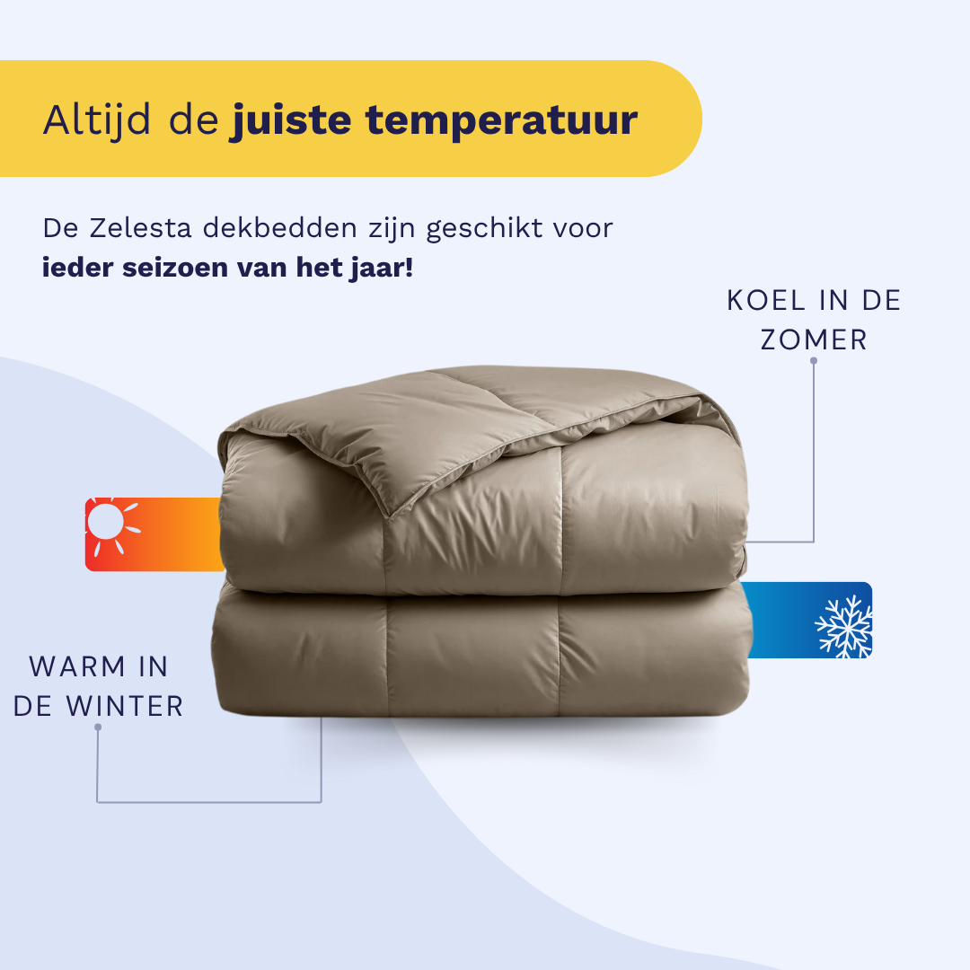 Een gevouwen Zelesta Satinbed Katoen - Mooi Bruin dekbed wordt getoond met labels voor winterwarmte en zomerkoelte. De Nederlandse tekst benadrukt dat het dekbed het hele jaar door geschikt is voor alle seizoenen.