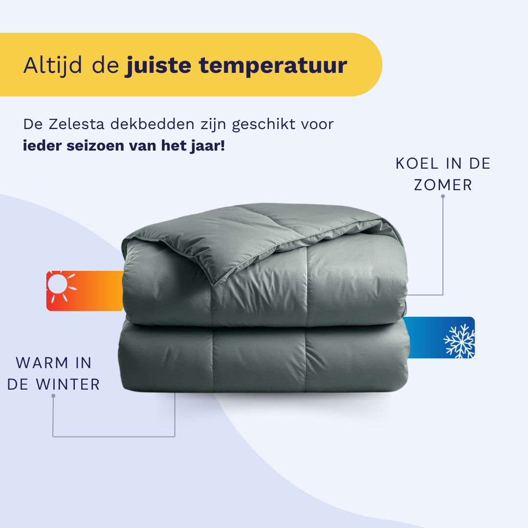 Het Zelesta Satinbed Katoen - Grateful Green is een gevouwen dekbed voor alle seizoenen dat je warm houdt in de winter en koel in de zomer, waardoor het perfect is voor comfort het hele jaar door.