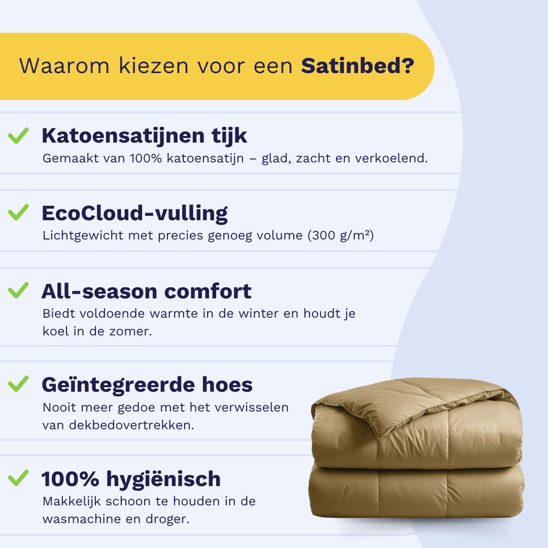 Infographic belicht de Zelesta Satinbed Katoen - Original Oker: katoen satijn overtrek, EcoCloud vulling, all-season comfort, geïntegreerde hoes en gemakkelijke hygiëne. Opgevouwen dekbed rechts afgebeeld.