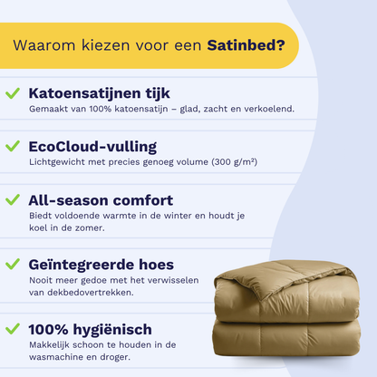 Infographic belicht de Zelesta Satinbed Katoen - Original Oker: katoen satijn overtrek, EcoCloud vulling, all-season comfort, geïntegreerde hoes en gemakkelijke hygiëne. Opgevouwen dekbed rechts afgebeeld.