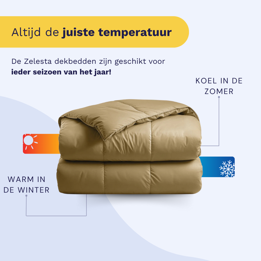 Een gevouwen Zelesta Satijnbed Katoen - Original Oker met geïllustreerde pictogrammen benadrukt het comfort voor alle seizoenen - warm in de winter, koel in de zomer. De Nederlandse tekst noemt dit katoen satijn dekbed perfect voor gebruik het hele jaar door.