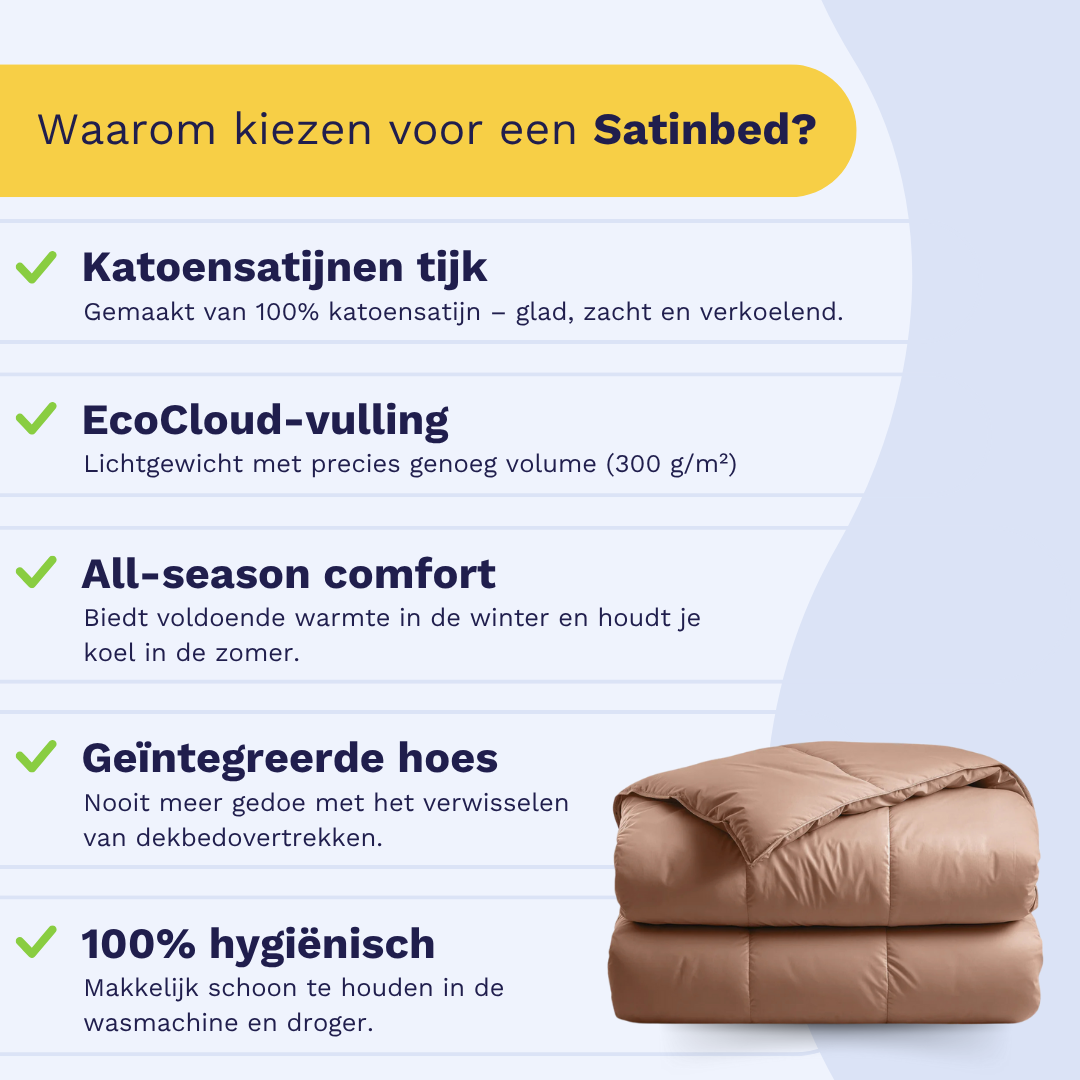 Infographic van Zelesta Satinbed Katoen - Timeless Terra: katoenen satijnen tijk, EcoCloud vulling, all-season comfort, geïntegreerde tijk, 100% hygiënisch. Afbeelding van het gevouwen dekbed rechtsonder.