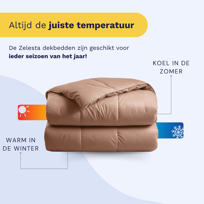 Een Zelesta Satinbed Katoen - Timeless Terra dekbed is gevouwen, met pictogrammen die laten zien dat het je warm houdt in de winter en koel in de zomer. Nederlandse tekst benadrukt dat dit dekbed het hele jaar door comfortabel is.