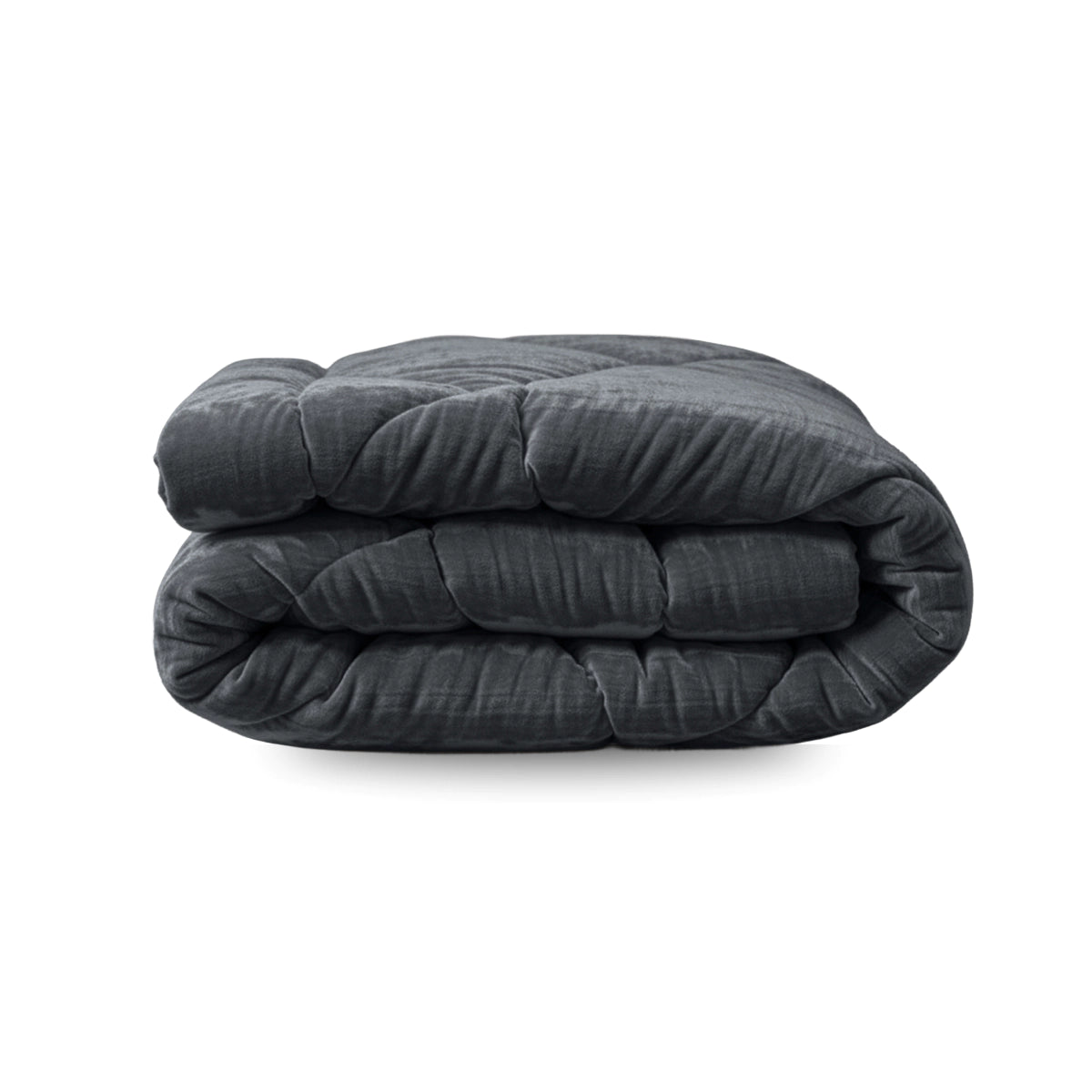 Het Zelesta Flanel Velvetbed Chique in antraciet, met een doorgestikte fluwelen textuur, wordt getoond opgevouwen tegen een witte achtergrond.