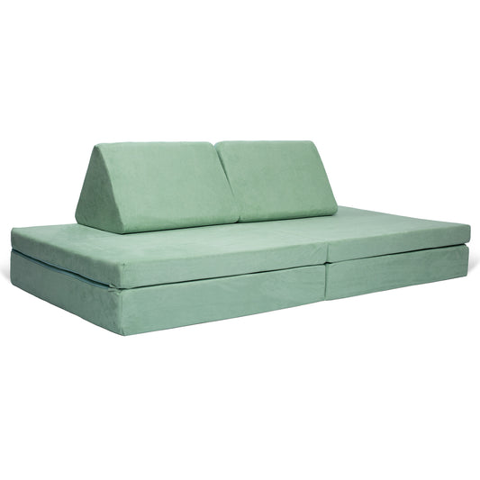 De BAAAP - De geliefde speelbank - Mint Breeze is een lichtgroene opvouwbare vloerbank met twee driehoekige rugkussens en een dikke zitting, perfect voor kinder speelgoed of activiteiten die ruimtelijk inzicht stimuleren.