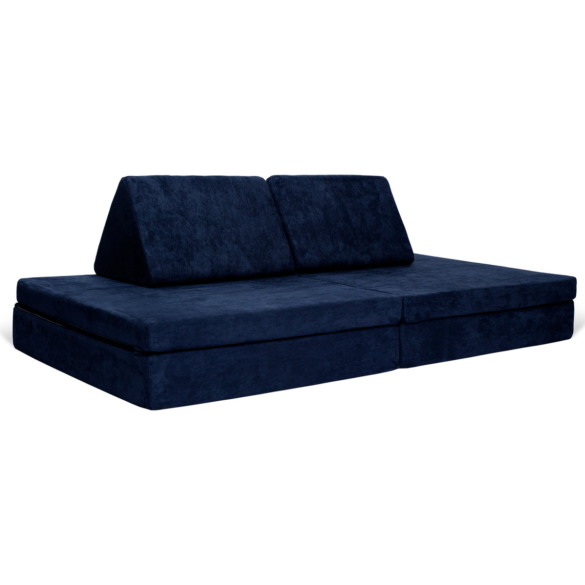 De BAAAP - De geliefde speelbank - Abyssal Blue is een donkerblauwe omvormbare speelbank met twee schuine rugleuningen, plat afgebeeld op een witte achtergrond - perfect als multifunctionele speelmeubel voor kinderen en binnen spelen.