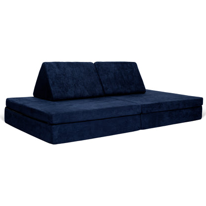 De BAAAP - De geliefde speelbank - Abyssal Blue is een donkerblauwe omvormbare speelbank met twee schuine rugleuningen, plat afgebeeld op een witte achtergrond - perfect als multifunctionele speelmeubel voor kinderen en binnen spelen.