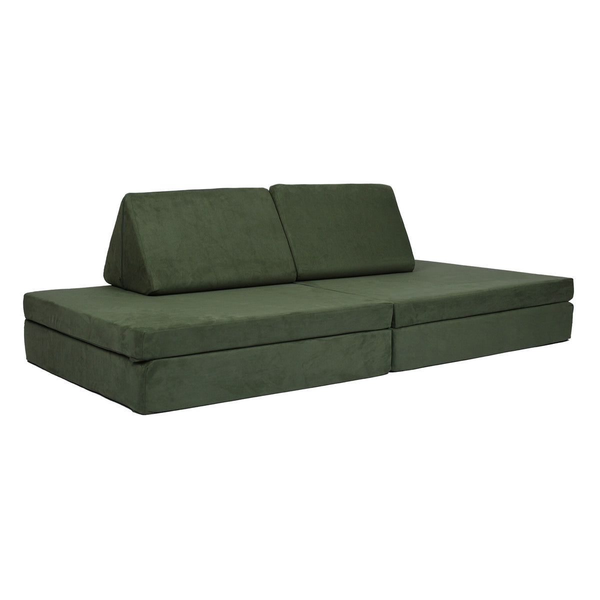 BAAAP - De geliefde speelbank - Velvet Olive: een donkere, groene modulaire speelbank met twee rugkussens. Perfect voor kinderen om eindeloos te spelen, weergegeven tegen een witte achtergrond.