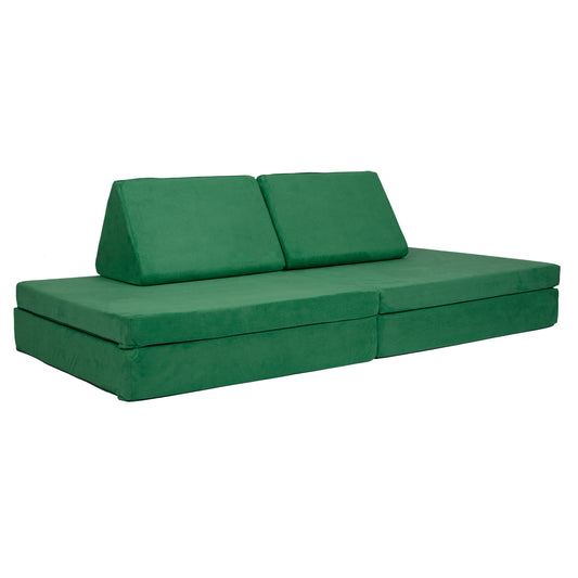 De BAAAP - De geliefde speelbank - Emerald Green heeft twee rechthoekige rugkussens en een vlakke, rechthoekige zitting - ideaal voor urenlang speelplezier en het verbeteren van ruimtelijk inzicht, hier afgebeeld tegen een witte achtergrond.