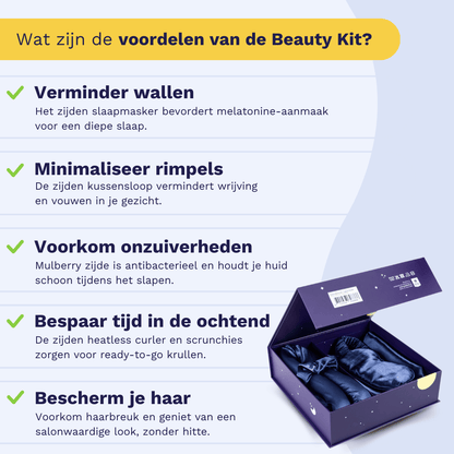Infographic over de voordelen van de Zelesta Sleeping Beauty Set - Bliss Blue in het Nederlands, met een foto van een paarse doos met daarin slaapproducten zoals de Mulberry silk kussensloop. Ideaal voor een anti-aging nachtroutine.