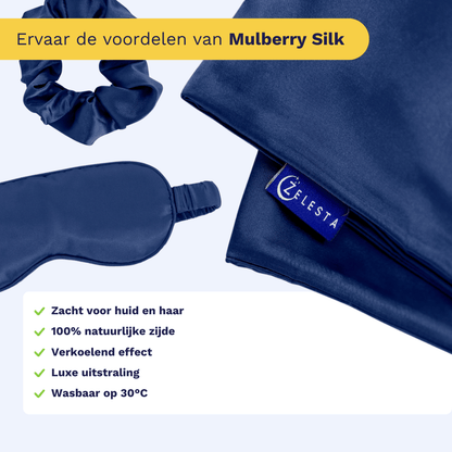 Zelesta Sleeping Beauty Set - Bliss Blue: Bevat moerbei zijden kussensloop, oogmasker en scrunchie met Elesta label. Gele banner benadrukt de luxe anti-aging voordelen van zijde.