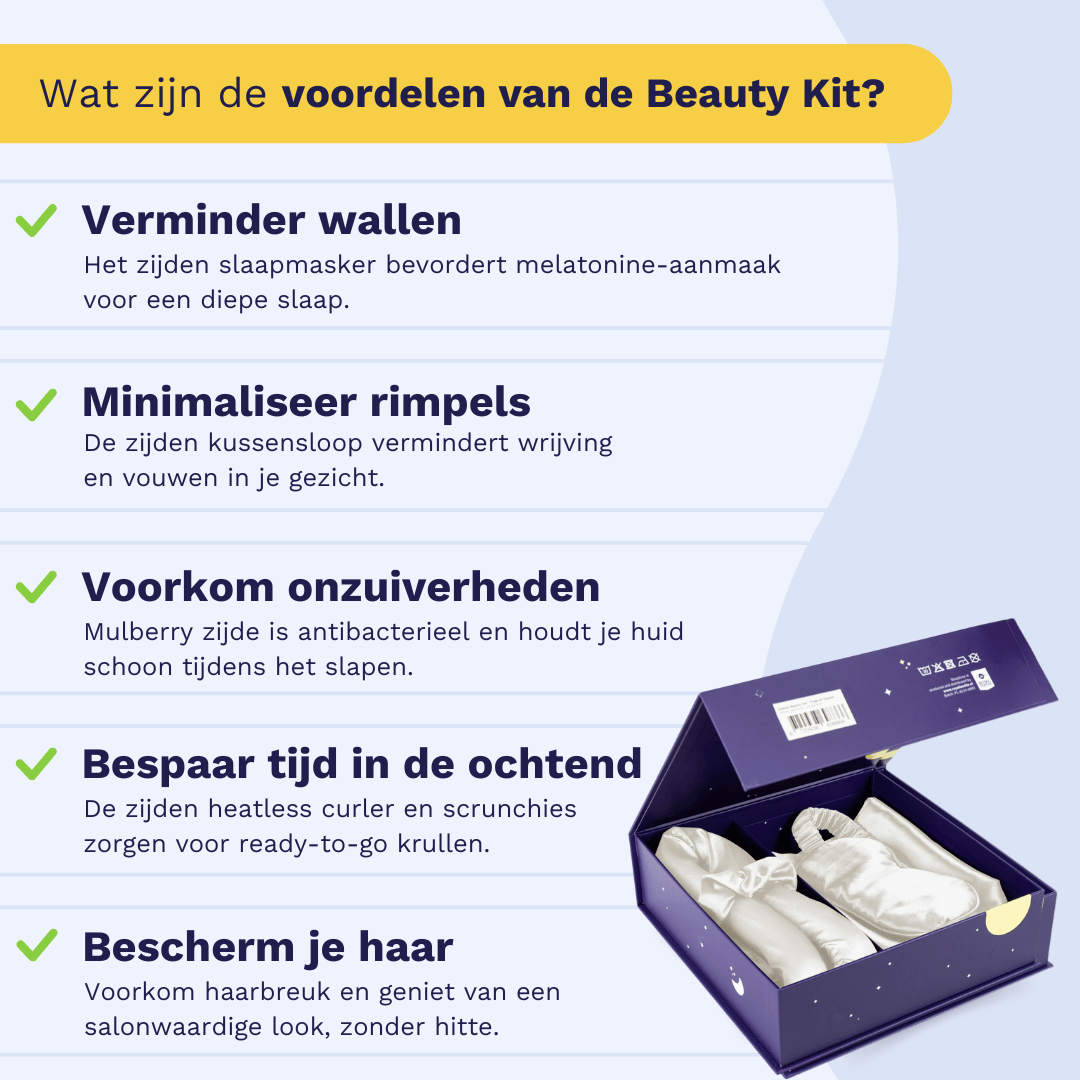 Infographic in het Nederlands met vinkjes toont voordelen van de Zelesta Sleeping Beauty Set - Pearl White. Inclusief foto van een witte doos met slaapmasker, satijnen kussensloop en luxe zijden slaap accessoires.